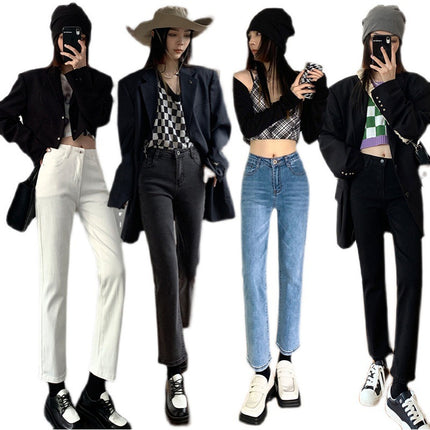 Beige Pants Pear-Shaped Body Hip-Covering Apricot Women's Short Straight Pipe Off-White Cropped Jeans