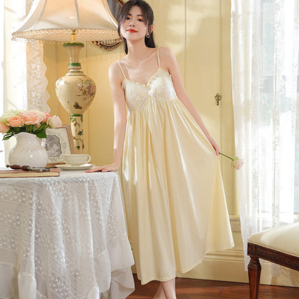 Pure Cotton Suspender Nightgown for Women, Summer French Style Sexy Lace Pure Desire Long Nightgown with Breast Pads, Can Be Worn Outside as Home Wear
