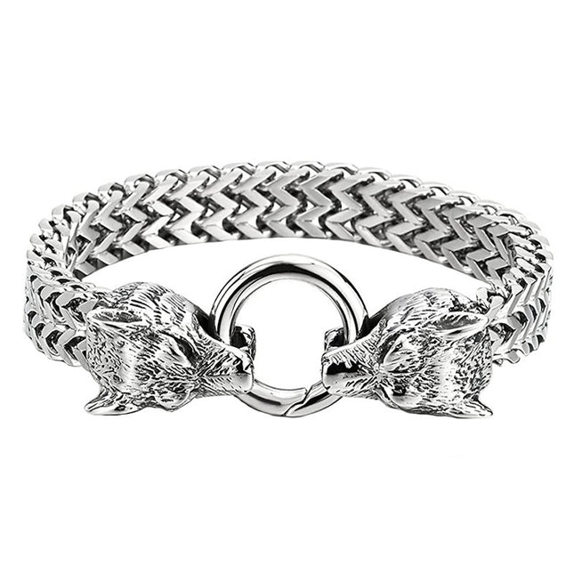 European and American Popular Stainless Steel Retro Stylish Viking Wolf Head Bracelet Wolf Head Franco Link Chain Bracelet for Men