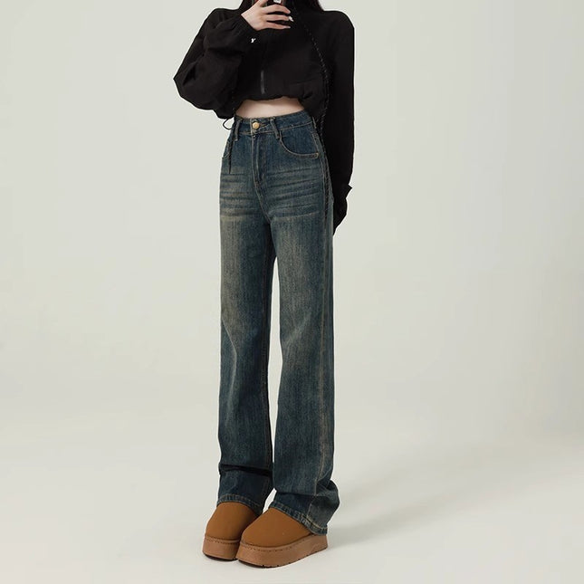 Vintage Cement Grey Narrow Edition Straight Jeans Women's Fashion All-match New Explosive High Waist Slimming Wide Leg Floor Pants