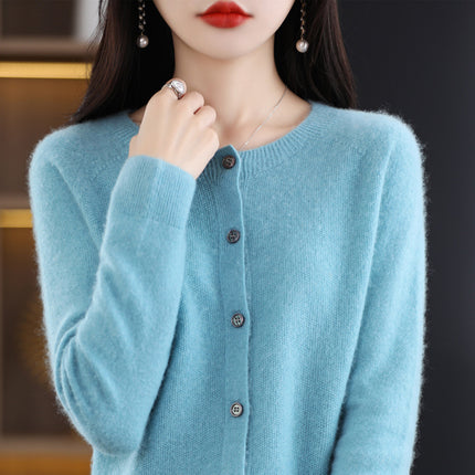 2024 Round-Neck Autumn and Winter Women's Cardigan Sweater Coat 100% Wool Loose Outerwear Versatile Knit Wool