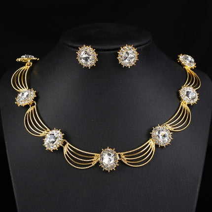 Cross-Border Gemstone Necklace, Artistic Retro Medieval Court Jewelry, Fan-Shaped Aesthetic Internet Celebrity Style Necklace and Earrings Set