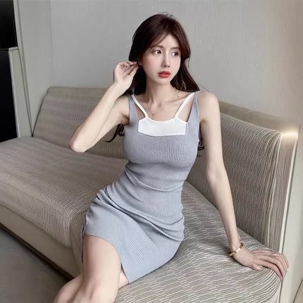 Cross-border Dress Women's New French Design Sense Tight Waist Slim Elegant Fake Two-piece Sexy Hip Strap Skirt