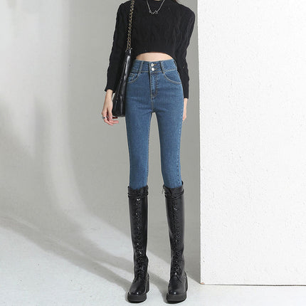 Vintage Blue fleece-lined Thickened Jeans Women's Autumn and Winter 2024 New High Waist Slimming Tight American Pencil Pencil Pants