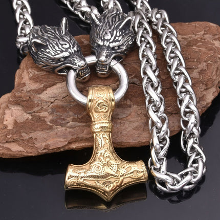 Foreign Trade Explosions Viking Retro Rune Hammer Pendant Wolf Head Necklace Nordic Norway Style Jewelry Men's Wholesale Hair