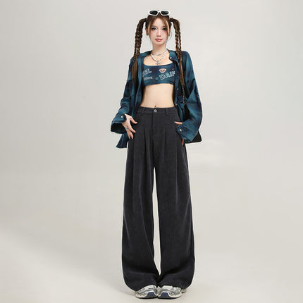4 Color Corduroy Pleated Wide Leg Casual Pants Women's 2024 Autumn and Winter New High Waist Loose Slimming Straight Pants