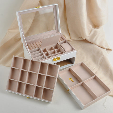 Jewelry Box Three-Layer Leather Jewelry Bracelet Storage Box with Hardware Lock and Window for Rings and Earrings Gift Box