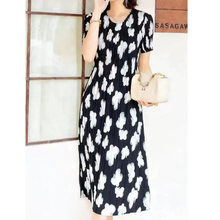 Miyake pleated 2025 summer new temperament round neck printed pleated skirt fashion waist thin magic dress