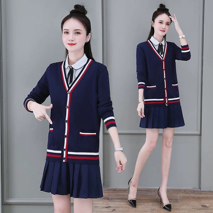 In-Stock Autumn and Winter Thick College-Style V-Neck Cardigan Unisex School Uniform Sweater Jacket Student Long-Sleeve Knitwear