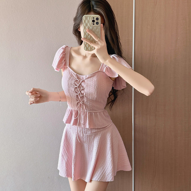 Fairy Swimsuit Women's Split Ruffled Pure Want Waist Cover Belly Conservative Slim Dress Two-piece Hot Spring Swimsuit
