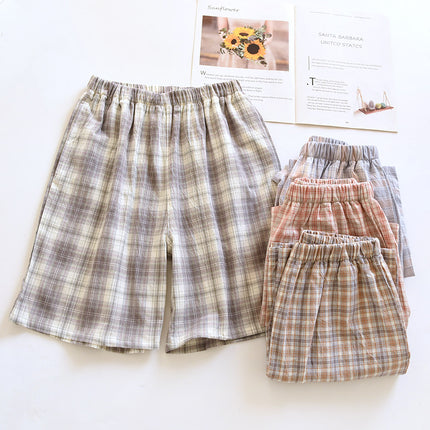 Couples Shorts Pure Cotton Washed Cotton Women's Home Shorts Loose Summer Thin Men's Plaid Beach Pants