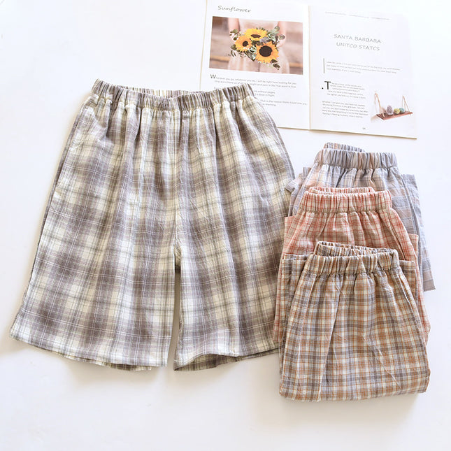 Couples Shorts Pure Cotton Washed Cotton Women's Home Shorts Loose Summer Thin Men's Plaid Beach Pants