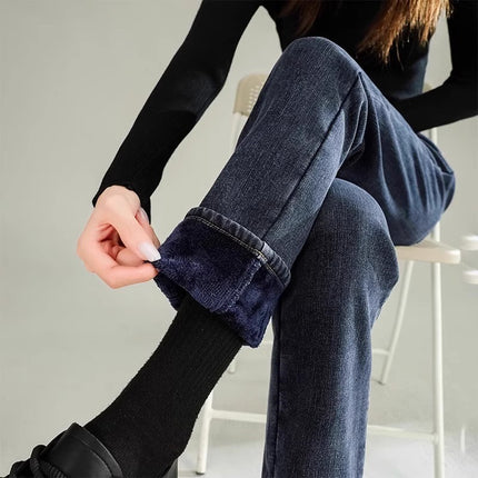 fleece-lined Thickened High Waist Straight Jeans Women's Autumn and Winter Fashion All-match New Slim Look Small fleece-lined Pipe Pants