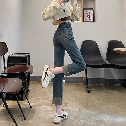 fleece-lined Thickened Cigarette Tube Jeans Women's Trendy All-match New High Waist Slim-fit Narrow Version Eight-and-Nine Straight Straight Bagel Pants