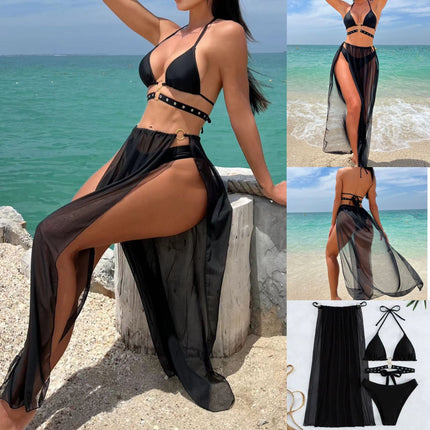 2025 European and American New Plain Long Skirt with Black Eye Straps Three-Piece Swimsuit Swimsuit Bikini Bikini