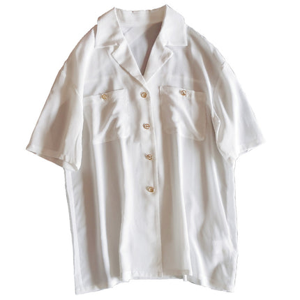 Summer Special Offer: Retro Simple Suit Collar White Short-Sleeve Silk Shirt for Women, Sand-Washed Double-Pocket Shirt with Metal Buttons