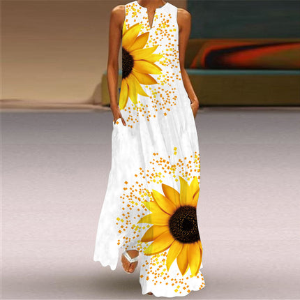 2026 New Summer Women's Sleeveless Long Dress V-Neck Printed Retro Dress European and American Cross-Border Foreign Trade Women's Clothing