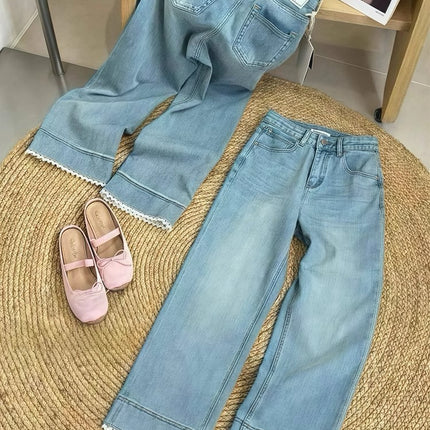 Light Blue Lace Splicing Jeans for Women Summer New Large Size Fat mm Pear-Shaped Figure High Waist Slim Straight Pants