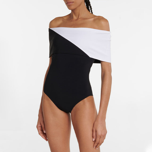 2025 European and American New Ins Style Black and White Tube Top Sexy One-Piece Swimsuit Suit for Women Cross-Border Hot Style