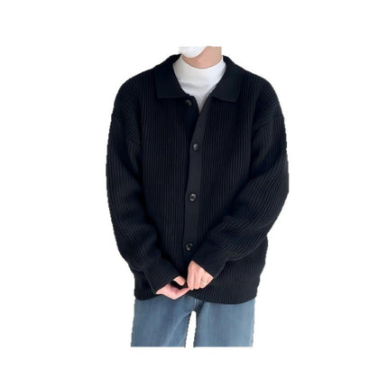 Army Green Lapel Knitted Cardigan Men's Spring & Fall Korean Style Simple High-End Casual Loose Lazy Style Sweater Jacket