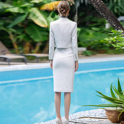 Autumn and winter fashion Chanel style tweed short coat women's skirt suit elegant socialite design white hip skirt