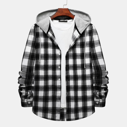 Cross-border Hooded Plaid Shirt Men's 2024 Foreign Trade Autumn Harajuku Style Plaid Hooded Shirt Men's Hong Kong Style Casual Shirt
