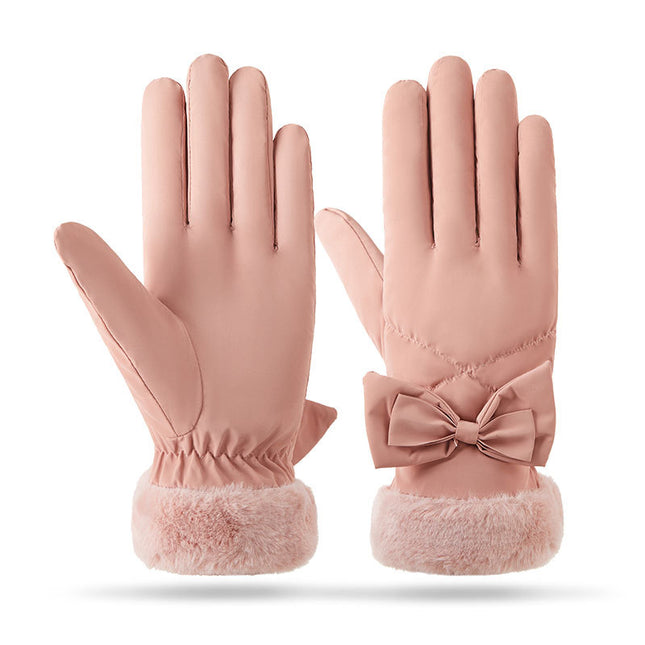 Winter Cycling Warm Gloves fleece-lined Thickened Cold-proof Electric Car Bow Cotton Gloves Women's Waterproof Windproof A98