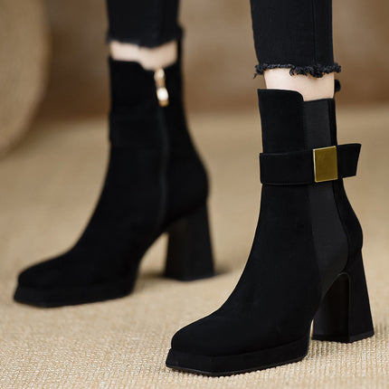 2025 New Women's Shoes~ New Short Boots, High-Heeled Boots, Chunky Heel, Waterproof Platform, Buckle Strap, Black