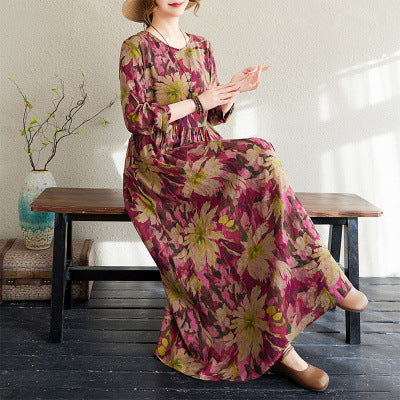 2025 Early Spring New Style Color Holiday Style Travel Crewneck Long Sleeve Retro Long Dress Women's Mat Covering Cotton and Linen dress