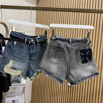 Plus Size Ripped High-Waisted Denim Shorts for Women Summer New Hot Girl Raw Edge Tassel Design American A-Line Hot Pants