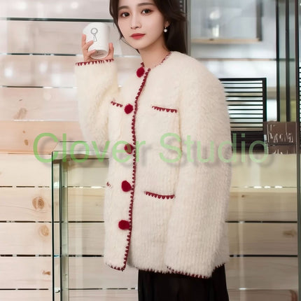 New Year Christmas War Gown Chanel Style Fur Ball Button Lamb Fur One-piece Fur Coat Women's Autumn and Winter