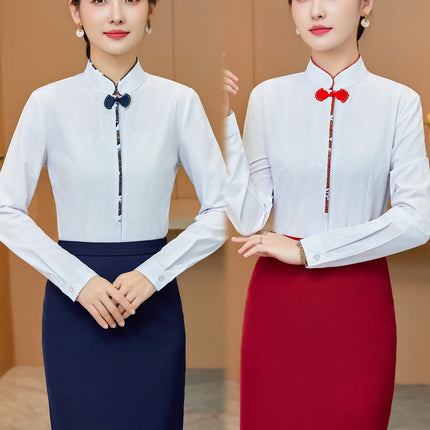 White Shirt Women's Vertical Collar Slim-fit Slimming Top with Buckle Korean Style Elegant Hotel Front Desk Attendant Professional Shirt
