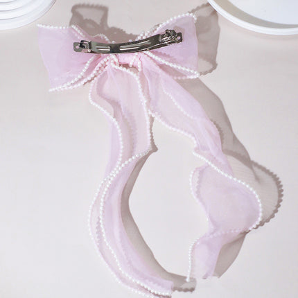 Fashion Mesh Pearl Bow Hairpin Women's Braided Hairpin Pearl Long Ribbon Hairpin Girls' Hair Accessories