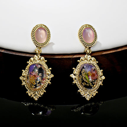 Dandelion-Shaped Oval Alloy Inlaid Earrings, Fresh and Sweet Jewelry with Amber Design, High-End Feel for Women, Silver Needle
