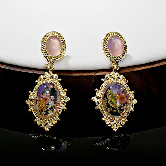 Dandelion-Shaped Oval Alloy Inlaid Earrings, Fresh and Sweet Jewelry with Amber Design, High-End Feel for Women, Silver Needle