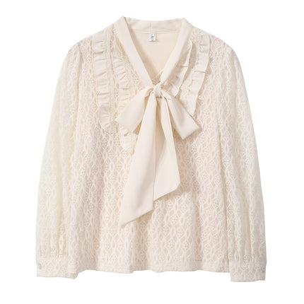French Brushed Lace Shirt Women's Spring New Bow Style Ruffled Elegant Base Top