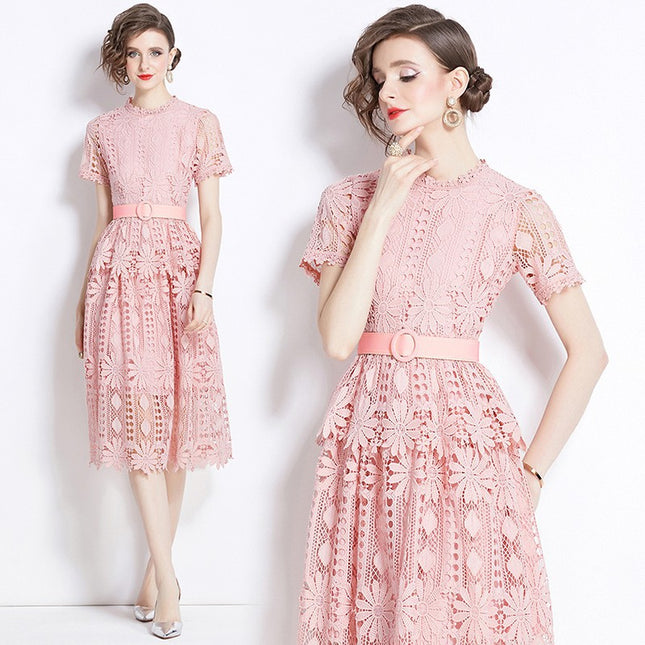 2024 new cross-border light luxury high-end fashion slim hollow water soluble lace long dress