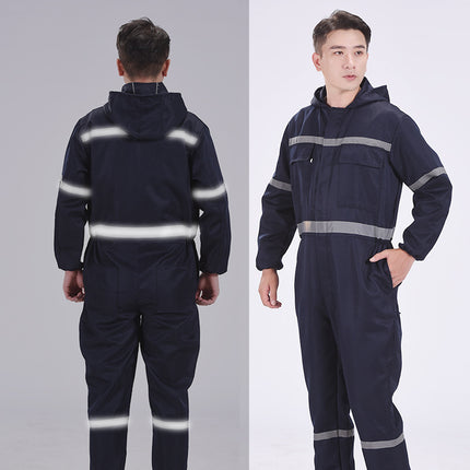 One-Piece Work Clothes for Men, Long-Sleeved, Reflective Strips, Hooded Labor Protection Clothing, Auto Repair Spray Painting, Ship Crew Uniforms, Dirt-Resistant, Wear-Resistant, Breathable