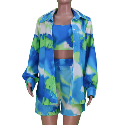 FD828 Spot European Station 2022 Explosions Women's Spring and Summer Temperament Leisure Color Tie-dye Printing Three-piece Set