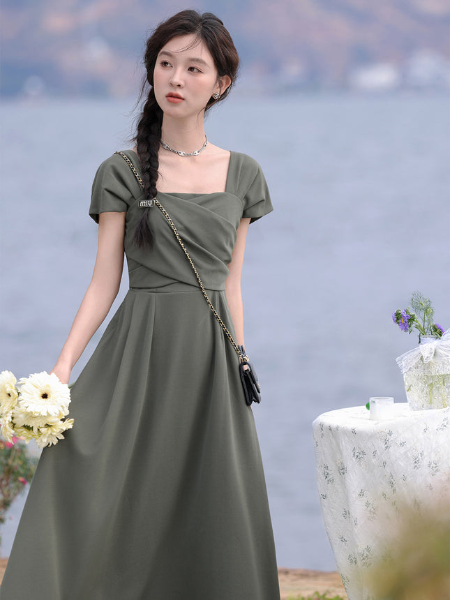 Summer New Style Gray-Green Slimming French Dress Women's Square Neck Waist Long Skirt Monet Garden