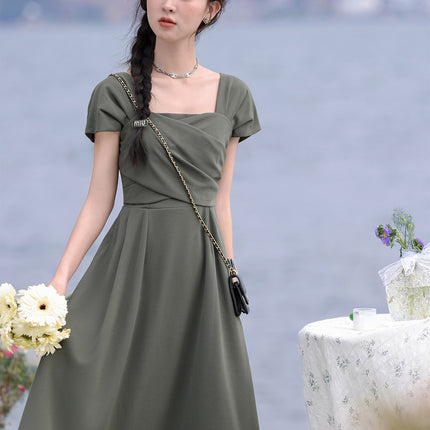 Summer New Style Gray-Green Slimming French Dress Women's Square Neck Waist Long Skirt Monet Garden