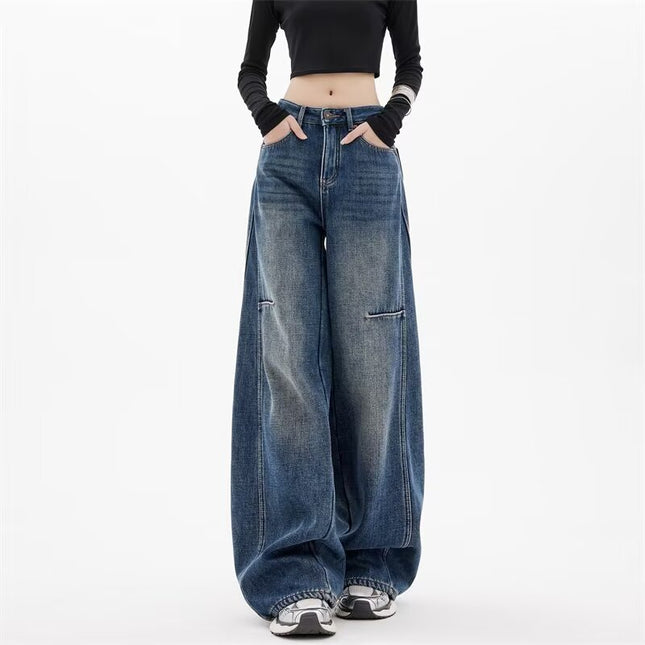 Vintage Blue Scimitar Jeans for Women Spring American Style 2025 New Plus Size Scythe Loose Floor-Length Wide-Leg Pants
