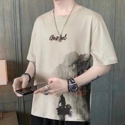 Short-Sleeved Men's Thin Simple 2024 T-Shirt New Loose Round Neck Summer Ins Trendy Hong Kong Style Student Male Street Stall Wholesale