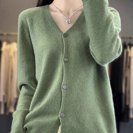 V-Neck Wool Knitwear for Women, Ready-Made Thin Autumn and Winter Work Clothing Slimming Look Elegant with 100% Wool Cardigan