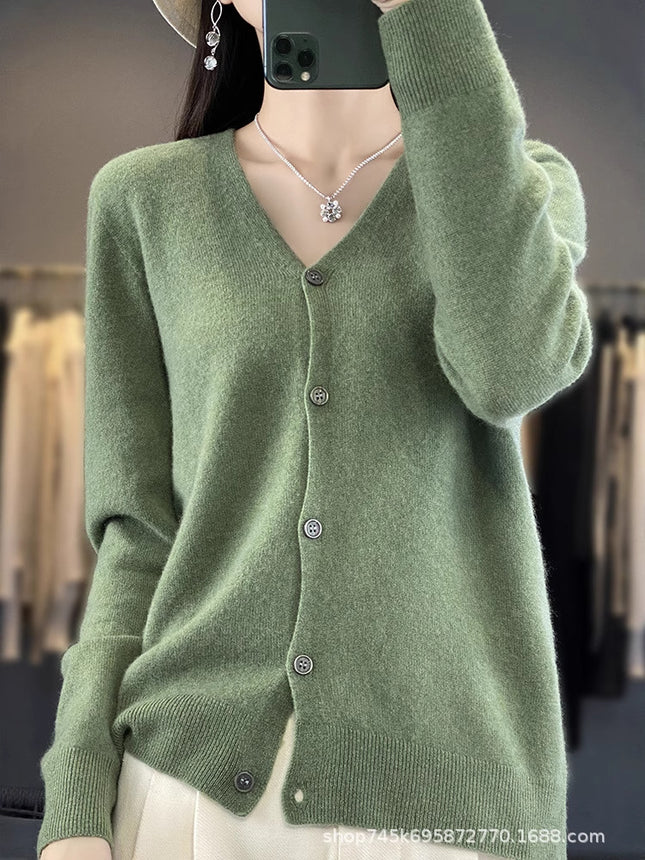 V-Neck Wool Knitwear for Women, Ready-Made Thin Autumn and Winter Work Clothing Slimming Look Elegant with 100% Wool Cardigan