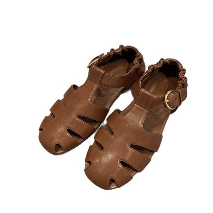 Sheepskin Version of Retro Genuine Leather Hollow-Out Brown Flat Pig Cage Shoes, Casual Vacation Beach Closed-Toe Roman Sandals for Women