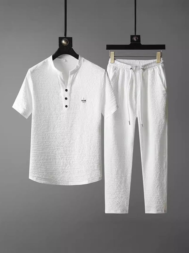 2025 New Style Thin Casual Sports suit Men's Summer Chinese Style High-end V-neck Embroidery Slim-fit Short-sleeved Two-piece Set