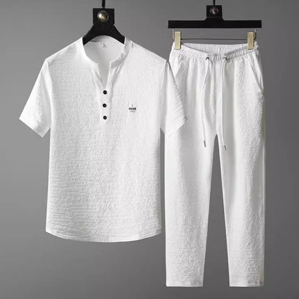 2025 New Style Thin Casual Sports suit Men's Summer Chinese Style High-end V-neck Embroidery Slim-fit Short-sleeved Two-piece Set