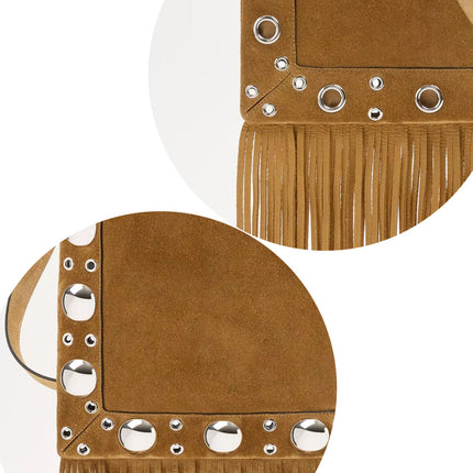 Cross-border in stock Bohemian-style Niche Design Imitation Deerskin Velvet Postman Rivet Tassel Shoulder Crossbody Warehouse