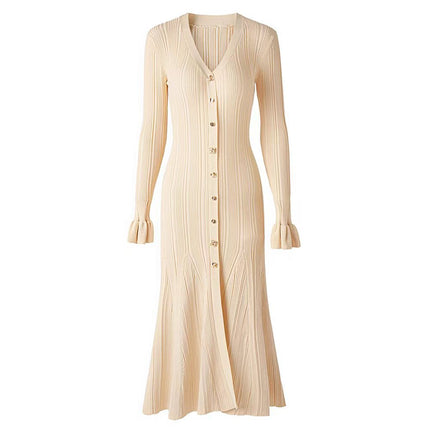 S2026 Spring and Autumn French Style New Women's Fashion European and American Socialite Fine Glitter Line V-Neck Single-Breasted Flared Sleeve Slim Dress